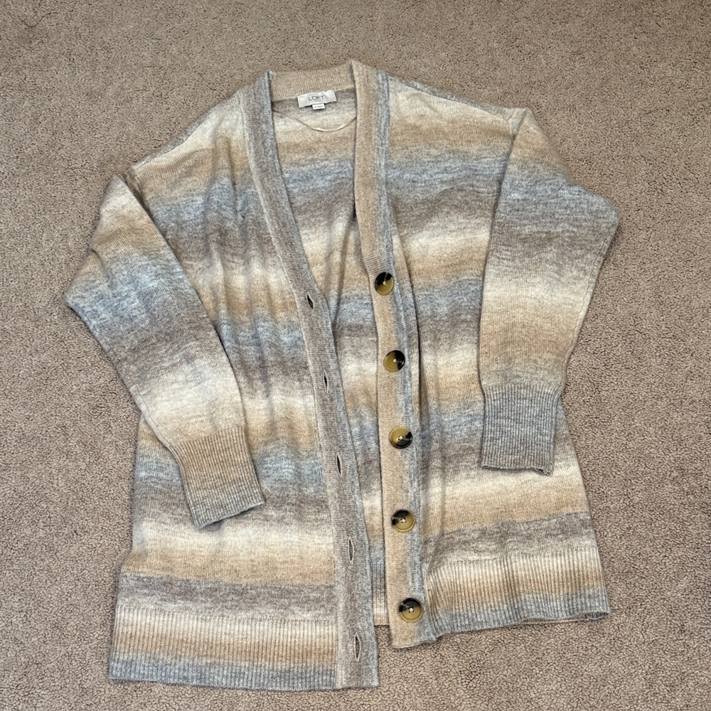 Loft Striped Gray and Tan Cardigan Sweater